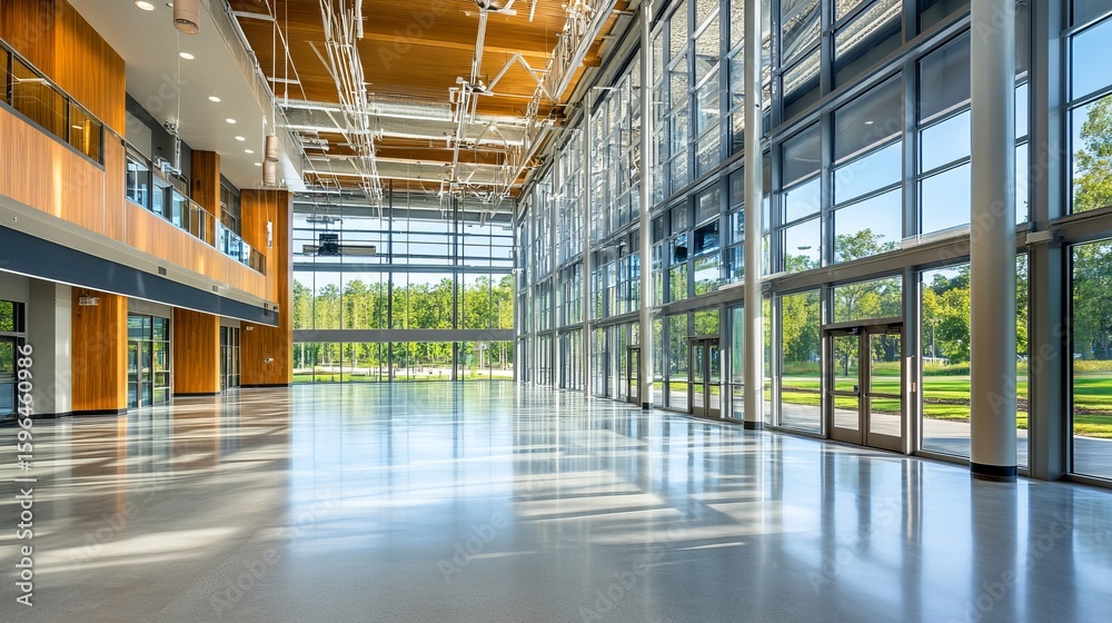 Sunlit modern building interior with expansive glass walls showcasing a green exterior landscape