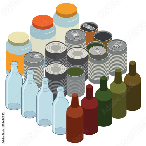 Collection of recyclable glass bottles and metal cans