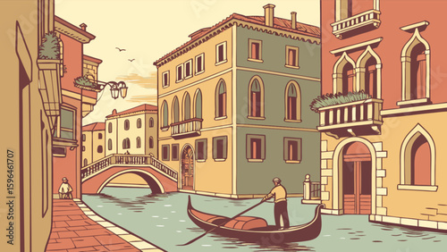 Venice canal gondola ride architecture travel destination italian cityscape vintage style illustration