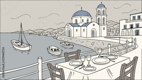 Scenic greek island restaurant view with church and boats travel destination illustration art vector