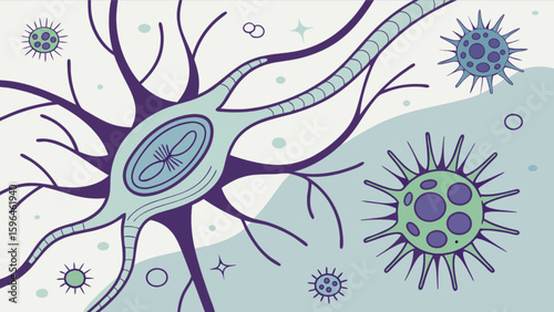 Illustration of neuron cell and virus cells for medical and science education and research purposes use case