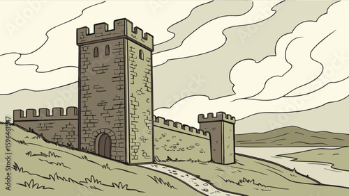 Illustration of a medieval castle with stone walls and towers on a hill under a cloudy sky artwork scene