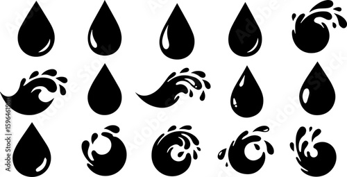 A clear vector illustration set of black and white water droplets