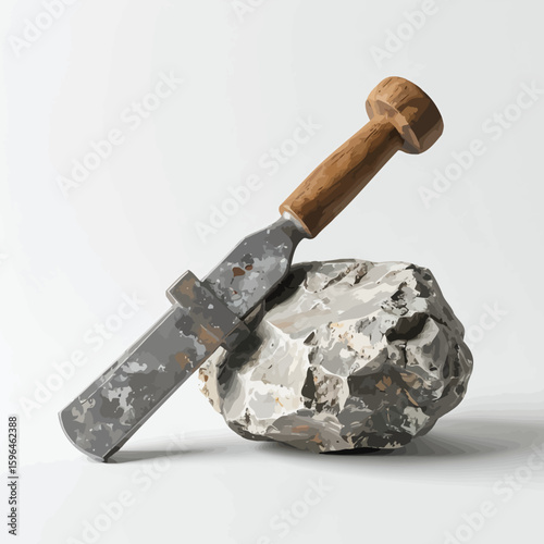 Weathered Metal and Wood Chisel Resting on a Rough Grey Stone