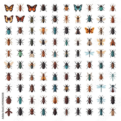 Grid of 144 insect icons arranged in 12 rows and 12 columns featuring various species like butterflies, beetles, ants, dragonflies, and more