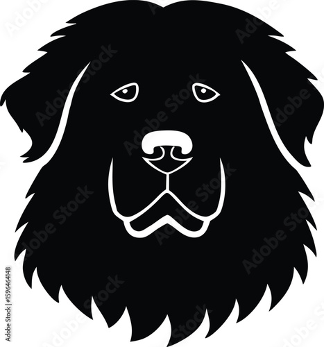 Newfoundland head silhouette with shaggy fur, broad muzzle, and gentle eyes for iconic working breed