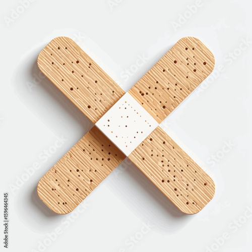 Wooden Bandage with Textured Surface in Cross Shape, Isolated on White Background