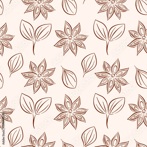 Seamless pattern of star anise with cinnamon leaf in line art style on beige background. Perfect for spice store package, culinary wallpaper or natural food theme design.