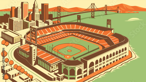 Vintage baseball stadium art print featuring city skyline and bridge scenic view sports venue illustration
