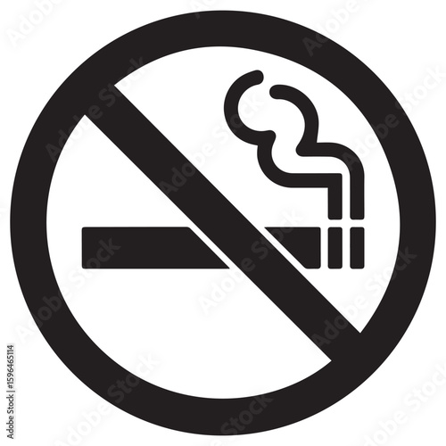 Clear black and white prohibition sign indicating no smoking allowed with a stylized cigarette and smoke inside a red circle with a diagonal line