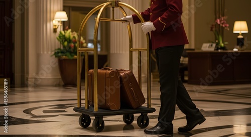 Professional Hotel Bellhop Pushing Luggage Cart with Vintage Suitcases in a Luxurious Grand Lobby, Offering Premium Guest Service and Hospitality