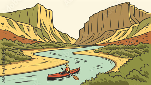 Canoeing adventure scenic river landscape with mountains and lush greenery for outdoor enthusiasts seeking travel