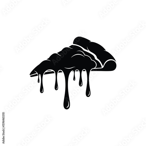 Black silhouette of pizza slice with melted cheese dripping, fast food icon on white background