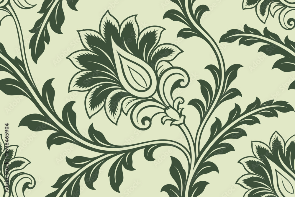 Fototapeta premium Seamless green floral wallpaper, Elegant botanical pattern for textile, decor or design projects