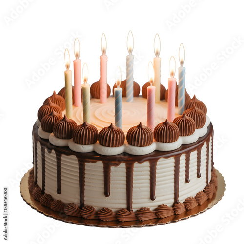 A deliciously decorated birthday cake adorned with lit candles on a black background