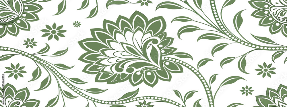 Fototapeta premium Vintage green floral seamless pattern on white, Botanical textile or wallpaper design