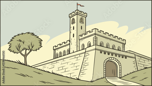 Illustration of a majestic medieval castle with tower and walls on a hill landscape scene drawing
