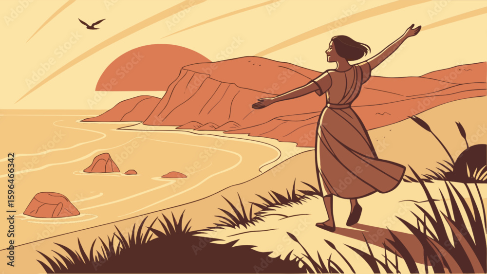 Obraz premium Woman standing on cliff overlooking ocean sunset landscape vector art illustration nature travel destination