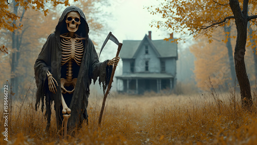 creepy skeleton with scythe and in rags, wanders around a lonely house in the autumn forest. concept completion of a life stage in the form of death.