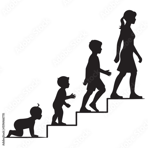 Silhouettes of a woman s life stages from baby to adult climbing stairs representing growth and development progression