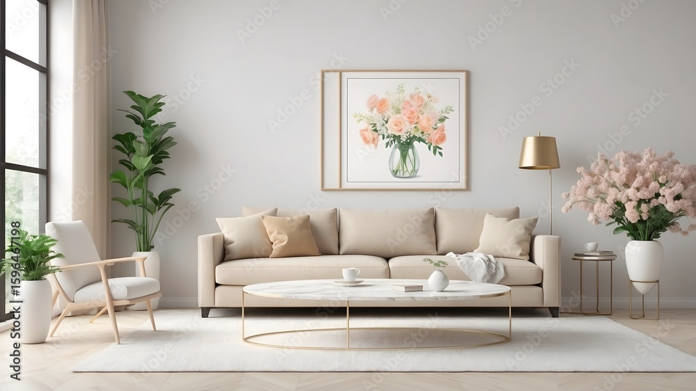 Naklejka premium Living room wall poster mockup. Interior mockup with house background. Modern interior design. 3D render. 3D illustration.