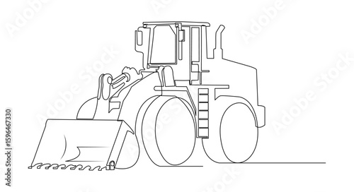 A continuous line drawing illustration of a wheel loader in a minimalist line art style. Ideal for construction themes, engineering presentations, heavy equipment manuals, and industrial branding.