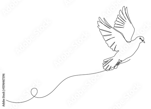 An elegant line drawing of a flying dove made in a continuous one-line art style. A symbol of peace, hope, freedom, and spirituality.
