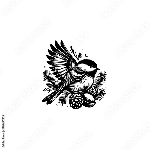 Black and White Chickadee Bird with Pine Cones and Branches.