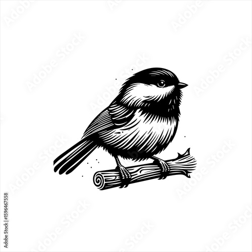 Black and White Chickadee Perched on Branch.