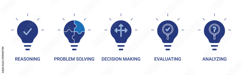Obraz premium Critical Thinking icon set with reasoning, problem solving, decision making, evaluating, and analysis icon concept vector illustration