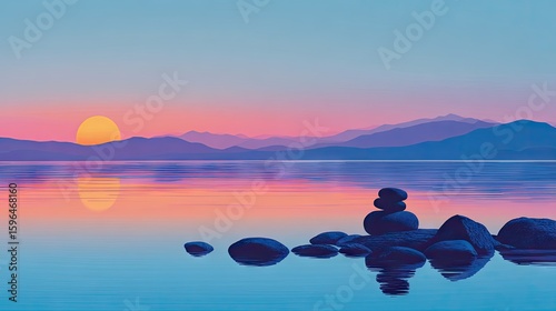 Serene sunset over a tranquil lake.