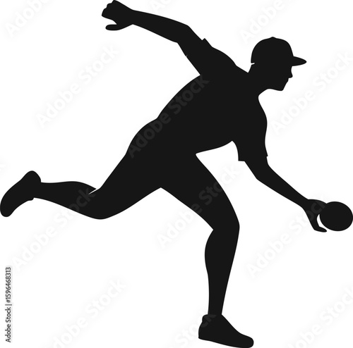 "Silhouette of a pitcher in the middle of a pitch, throwing hand extended forward."







