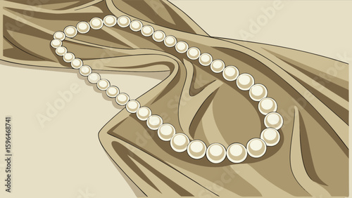 Elegant pearl necklace jewelry fashion accessory on draped fabric background art illustration design