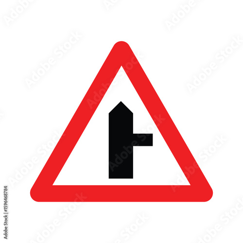 Warning sign showing a t junction ahead with the main road continuing straight on a white background