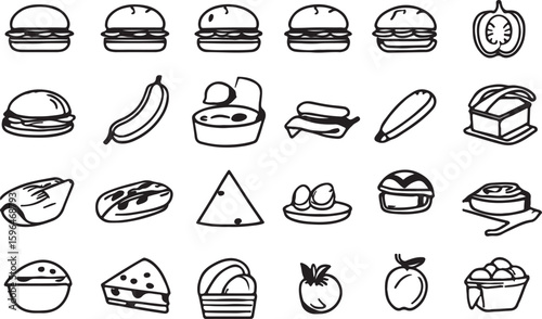 Set of food and drink vector icons in black doodle style for restaurant and design use