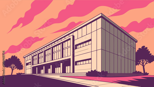 Modern architecture building exterior design with pink and orange sky vector illustration design art