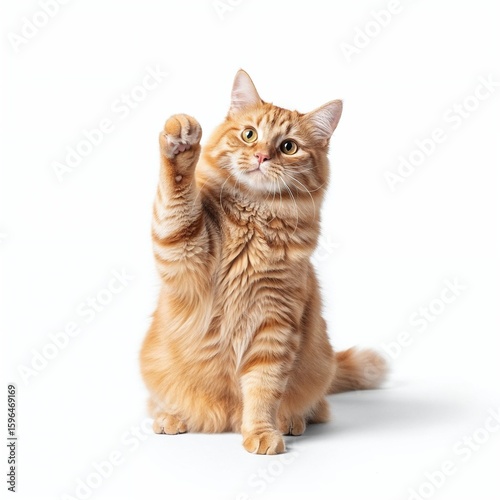 A fluffy orange cat sits on a white background with one paw raised, looking up.