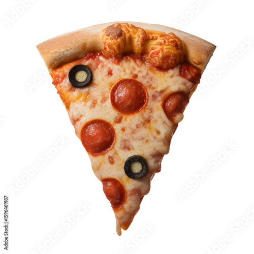 A delicious slice of pepperoni and olive pizza against a stark black background