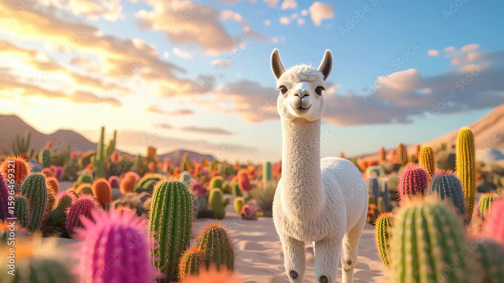 White alpaca standing in desert with colorful cacti at sunset under cloudy sky with distant mountains