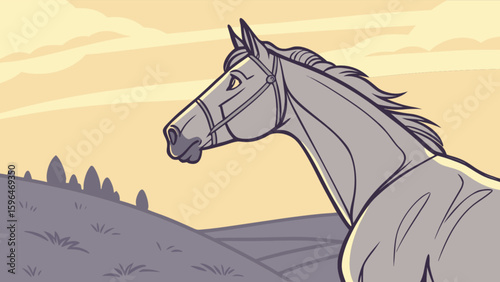 Illustration of a gray horse with bridle in a field at sunset for equestrian and animal lovers design needs