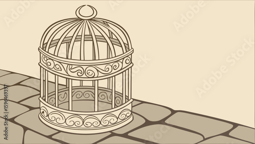 Vintage birdcage illustration with decorative swirls and stone floor for antique design and home decor projects