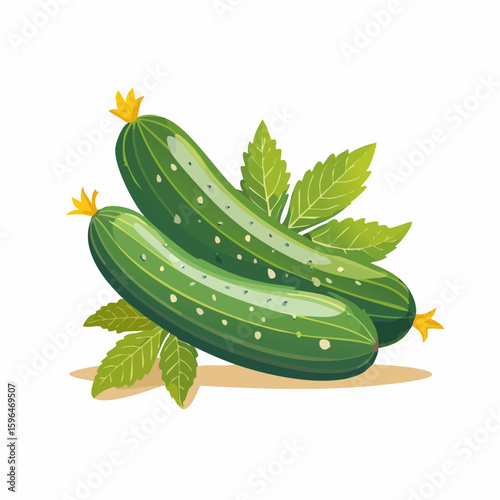Fresh Green Cucumbers with Leaves and Yellow Flowers Isolated on a White Background Vector Illustration