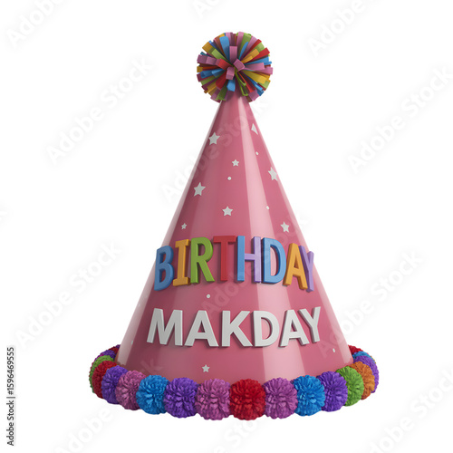 Festive pink birthday party hat with colorful pom pom and birthday makday text