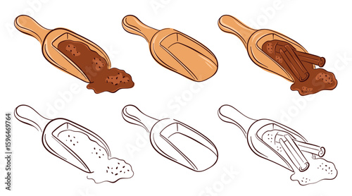 Collection of wooden scoop filled with cinnamon powder and stick in flat style. Perfect for cooking, spice packaging, recipe book and culinary design theme.