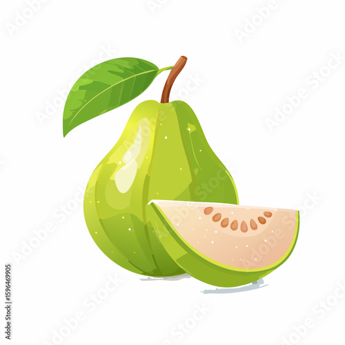 Vibrant illustration of a whole green guava fruit with a leaf and a slice showcasing its seeds and flesh isolated on white