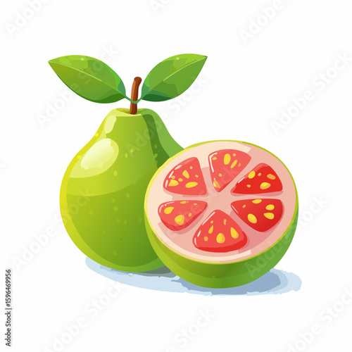 Vibrant illustration of a whole green guava next to a halved pink guava revealing its juicy flesh and seeds on a white background