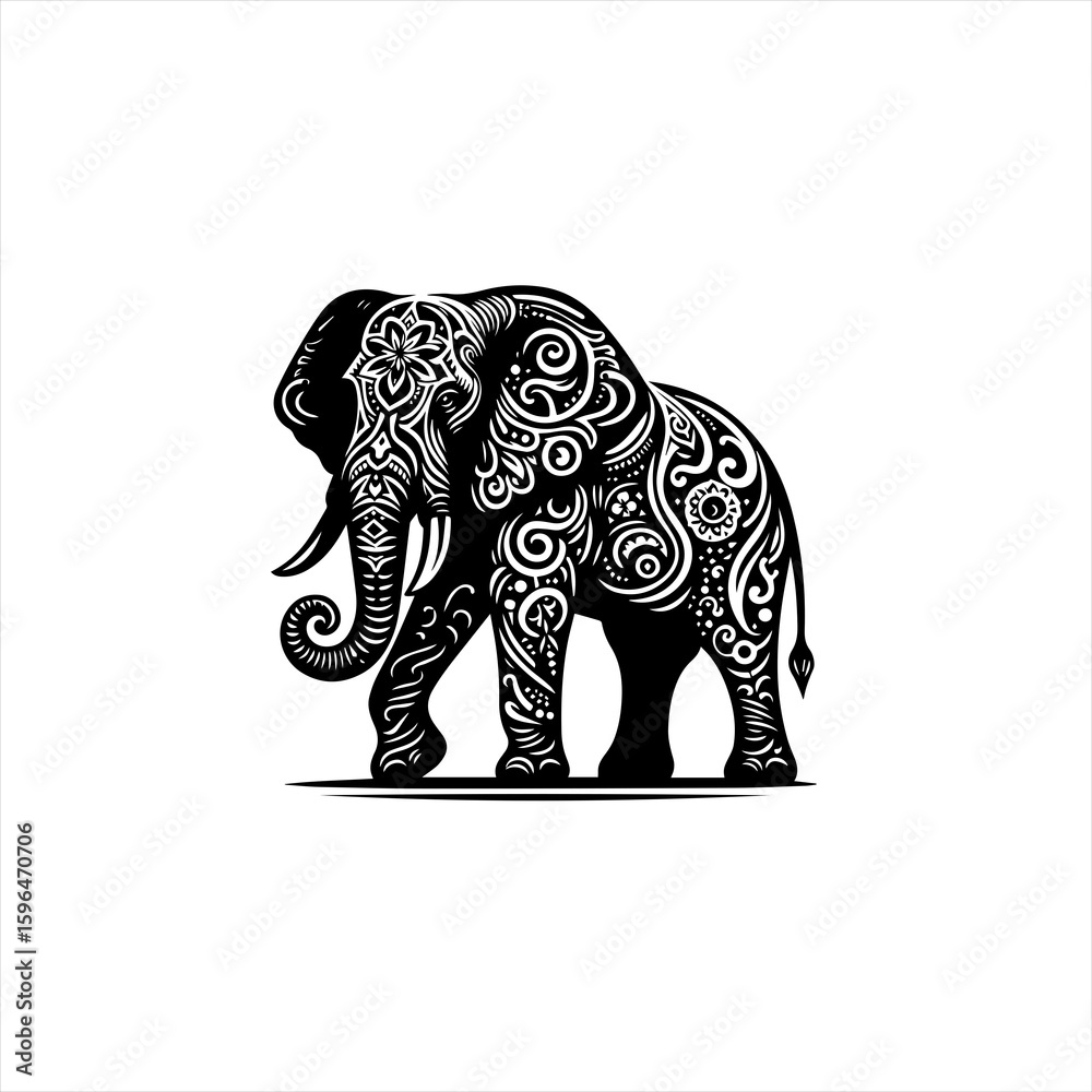 Fototapeta premium Ornate Black and White Elephant Illustration 1.