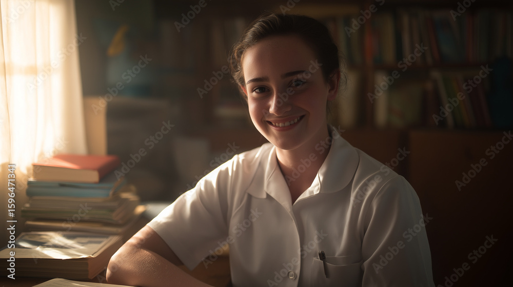 Fototapeta premium Female student in uniform, soft classroom light with blurred bookshelf in the background.