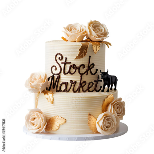 Elegant two tiered cake celebrating the stock market with floral decorations