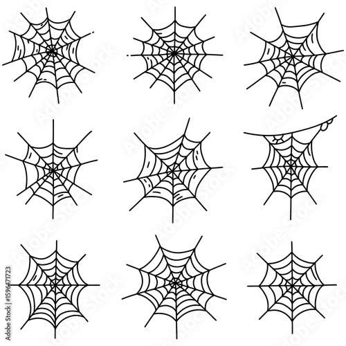 Set of Spider Web Vector Silhouettes on White Background